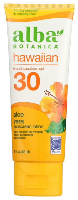 Moisturize and protect your skin with Alba Botanica Hawaiian SPF 30 Sunscreen. Made with nourishing botanical extracts, this lightweight sunscreen provides broad spectrum protection against sunburn, skin cancer and premature signs of aging. Our sunscreen is water resistant for up to 80 minutes and is recommended by the Skin Cancer Foundation. Our formula is 100% vegetarian and has no oxybenzone, octinoxate or synthetic fragrances.