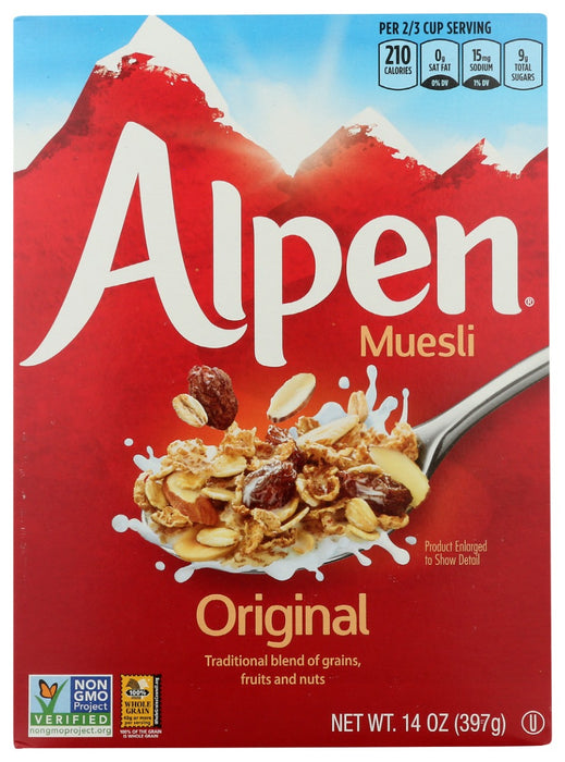 Give your morning a lift with Alpen Original “ a perfect blend of toasted wheat flakes, creamy rolled oats, crunchy hazelnuts &amp; almonds and juicy raisins.