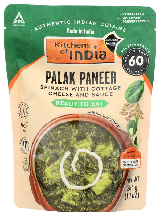 Kitchens of India Palak Paneer packs an authentic flavor as it draws from a traditional recipe and uses robust ingredients. Soft cubes of paneer cheese are cooked in a fine puree of spinach and seasoning. The hint of tang of the spinach base perfectly complements the creaminess of paneer to give you an authentic Indian culinary experience.