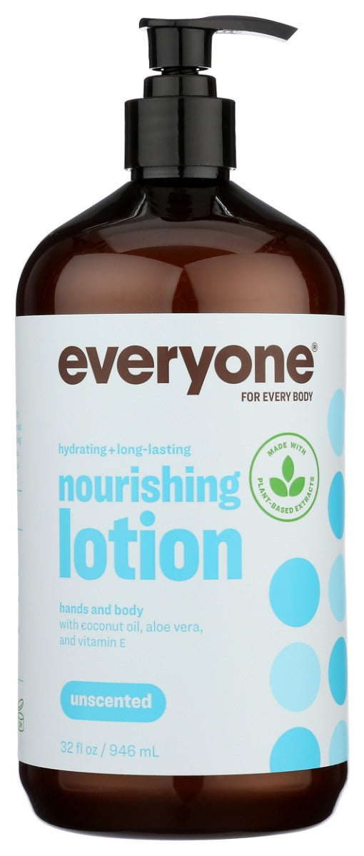 This versatile lotion is light and moisturizing enough to be used on face, hands and body. The combination of nutrient-rich plant extracts and Vitamin E leaves your skin nourished and happy. Use as-is if you prefer no scent or add your favorite essential oils to create your own custom scent. Formulated for every body, priced for every budget. Generously sized to share. 32 fl oz, packaged in a recycled bottle.