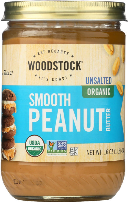 WOODSTOCK: Peanut Butter Smooth & Unsalted Organic, 16 oz