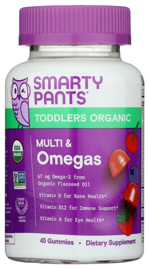 SmartyPants Organic Toddler Multi &amp; Omegas are USDA Certified Organic, Non-GMO Project Verified vegetarian multivitamins with over 13 premium nutrients and omega-3 from organic ï¬‚axseed oil to support whole body health, all in one delicious formula children love.*