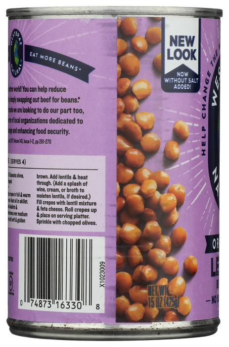 WESTBRAE: Organic Lentil Beans No Salt Added, 15 oz