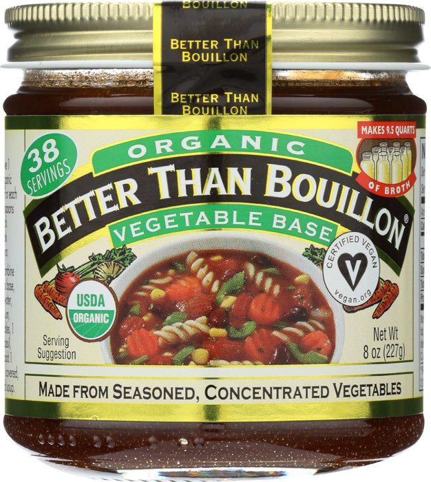 Organic Better Than Bouillon® Seasoned Vegetable Base is made by combining pureed carrots, celery, onions and tomato and aromatic seasonings. Better Than Bouillon blendable bases easily spoon right out of the jar and let you add as much, or as little, flavor as desired. From marinades, glazes and vegetables to soups, sides and slow cooker dishes, Organic Better Than Bouillon Seasoned Vegetable Base adds flavor to all your favorite dishes.