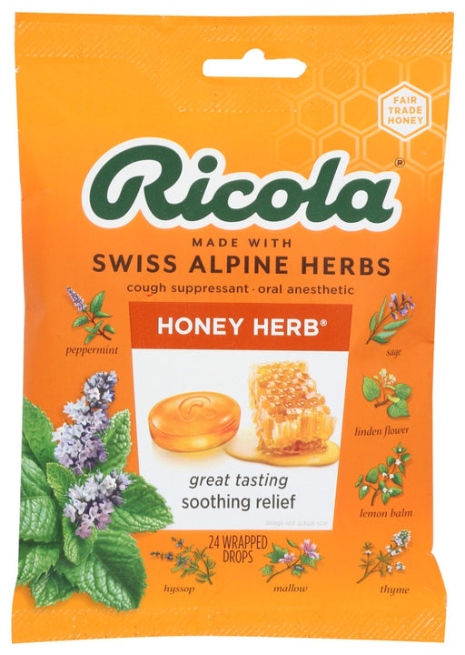 Ricola Honey Herb takes the unique flavor of our classic drop and softens it with real golden honey. Providing a taste your whole family will be buzzing about. Ricola Honey Herb can be used for soothing relief of coughs and sore throats. And always contains our unique blend of mountain grown Swiss herbs.