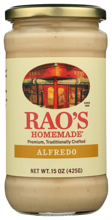 Rao's Homemade Alfredo Pasta Sauce features an all-natural, premium quality blend of rich Parmesan and Romano cheeses, cream, and butter.Following the same authentic Rao's recipe perfected by generations, each jar of alfredo sauce brings you the warm, classic flavor of homemade pasta sauce. Our white alfredo pasta sauce is slow-cooked in small batches with hand-selected ingredients resulting in a super creamy, cheesy sauce that's loaded with flavor.