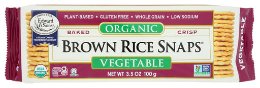 In 1978, Edward &amp; Sons introduced the first Brown Rice Snaps®. Oven baked instead of fried, they pioneered a new generation of healthy, whole grain snacking. Vegetable Brown Rice Snaps® are baked with 100% organic whole grain brown jasmine rice. We add a wholesome blend of organic vegetable seasonings to complete our Vegetable Brown Rice Snaps®. Exceptionally crisp and delicious they are great straight out of the package or served with your favorite dips and spreads.