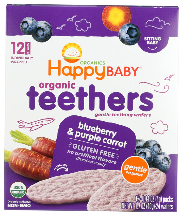 Made with jasmine rice flour and a touch of organic fruits and veggies, our blueberry &amp; purple carrot teething wafers dissolve easily, making them a perfect first snack for baby's developing gums.