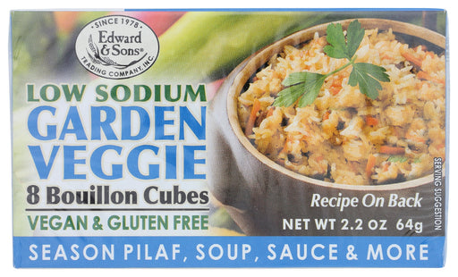 Edward &amp; Sons® Low Sodium Garden Veggie Bouillon Cubes make wholesome, satisfying broth in seconds with just hot water. Just mix with hot water for delicious flavored broth, or add to soups, stews and sauces as the chef's secret seasoning. We're proud to offer a low-sodium version of our traditional Garden Veggie Bouillon Cubes for those monitoring their salt intake.