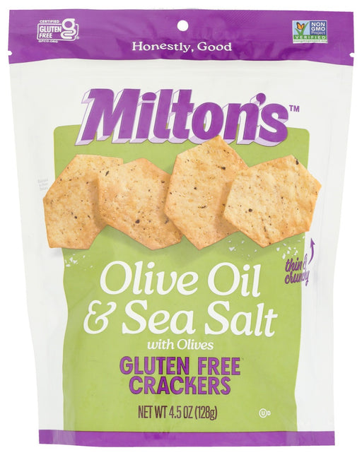 MILTONS: Olive Oil and Sea Salt wth Olives Gluten Free Crackers, 4.5 oz