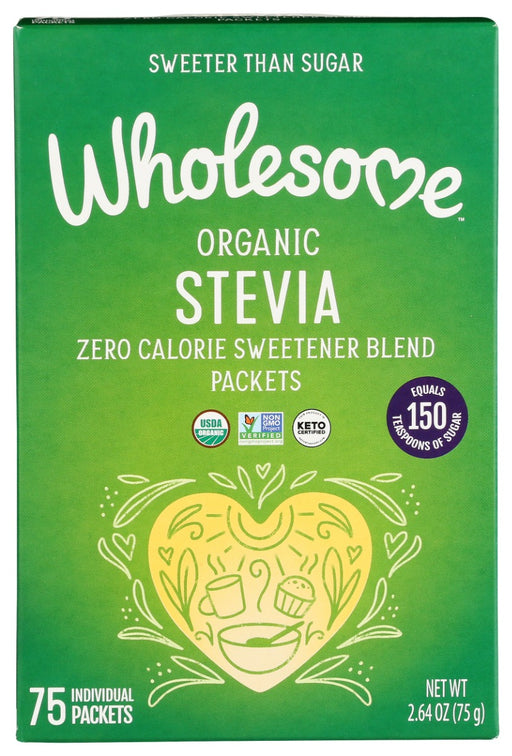 This multi-purpose 0 calorie sweetener is sweeter than sugar, so a little goes a long way! It is calorie-free and has no glycemic impact which makes it a great option for those managing calories and blood sugar levels. Organic Stevia sweetener is simply stevia, erythritol and natural flavor. Each 1-gram packet sweetens like 2 teaspoons of sugar. Wholesome Organic Stevia sweetener is naturally gluten-free, vegan, Non-GMO Project Verified and kosher certified.