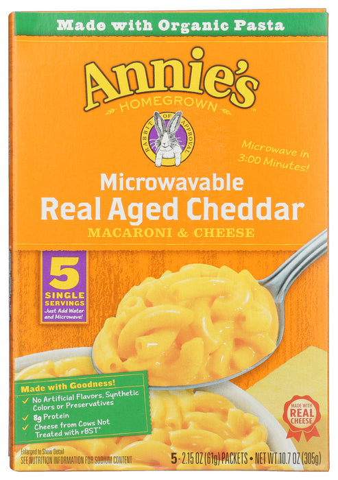 ANNIE'S HOMEGROWN: Microwavable Macaroni & Cheese with Real Aged Cheddar 5 Single Servings, 10.7 Oz