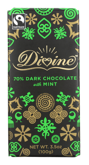 DIVINE CHOCOLATE: Chocolate Bar Dark 70% Mint, 3.5 oz - No Brand For Less 